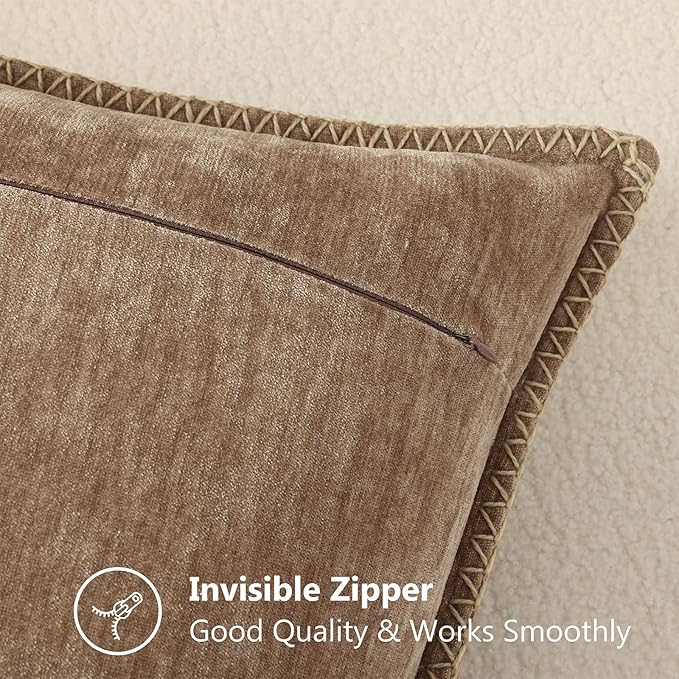 decorUhome Spring Chenille Soft Throw Pillow Covers 22x22 Set of 2, Farmhouse Velvet Neutral Decorative Euro Sham Pillow Covers with Stitched Edge for Couch Sofa Bed Home Decor, Brown