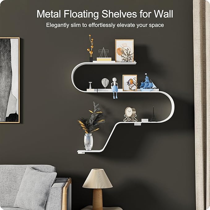 White Floating Shelves Set of 3, White Metal Decor, Unique Mounted Floating Shelf, Modern Long Wall Shelf, Large Wall Shelves for Bedroom, Bathroom, Living Room