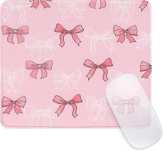 Seorsok Square White Line Drawing-Bows and Abstract Bows Mouse Mat,Premium Textured Mouse Pads for Office Laptop,Washable Square Mousepads with Extended Stitched Edges Non Slip Rubber Base,Pink