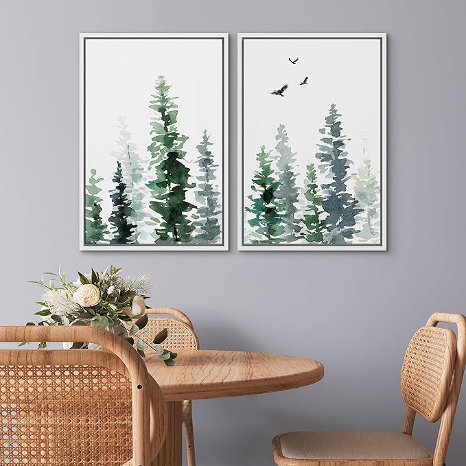 SIGNWIN Watercolor Green & Gray Forest and Birds Nature Wall Art Print Set, Framed Canvas Art Prints for Living Room, Bedroom, Office - 16''x24''x2 - Modern Art Rustic Relax/Calm Multicolor