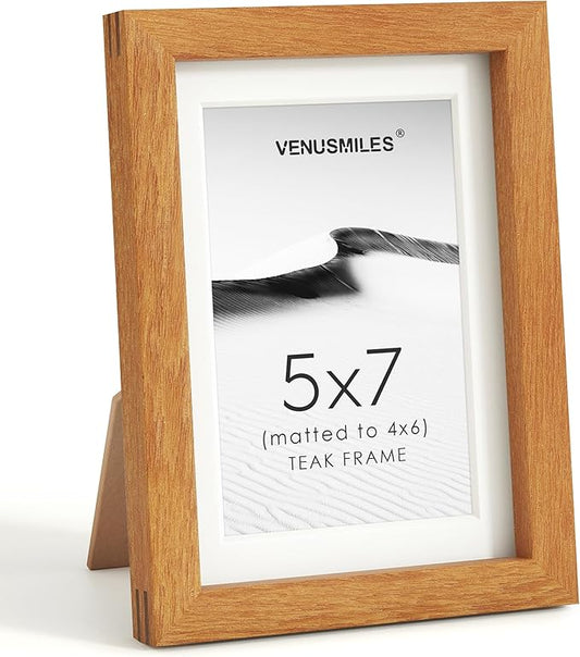 5x7 Picture Frame, USA-Sourced Natural Teak Wood Photo Collage Frame with HD Tempered Glass, Modern Simple 5 x 7 Wooden Frame Matted to 4x6, Gallery Wall Frames for Art, Wall or Tabletop Display