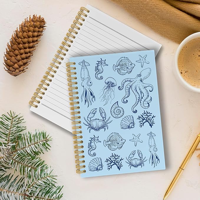 Blue Journal Notebook - Ocean Sea Life Coastal Themed Aesthetic Notebooks College Ruled for Office School Classroom, Gifts for Women Girls Kids, Hardcover Spiral Notebook 5.5"x8.3"
