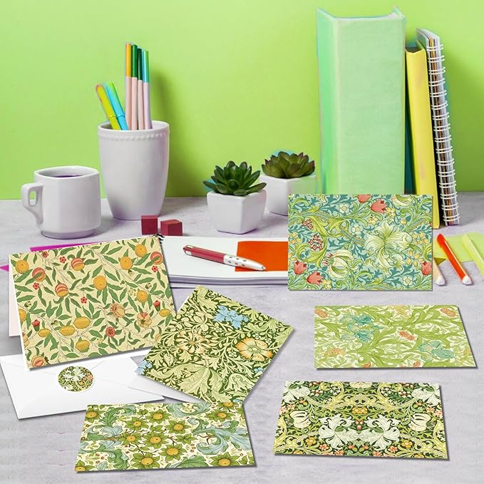 24 Pack William Morris Greeting Cards with Envelopes & Stickers - 4x6 Inch Vintage Floral Leaves Retro Botanical Flower Blank Note Cards for Wedding, Birthday Greetings, Baby Shower, Thank You & More