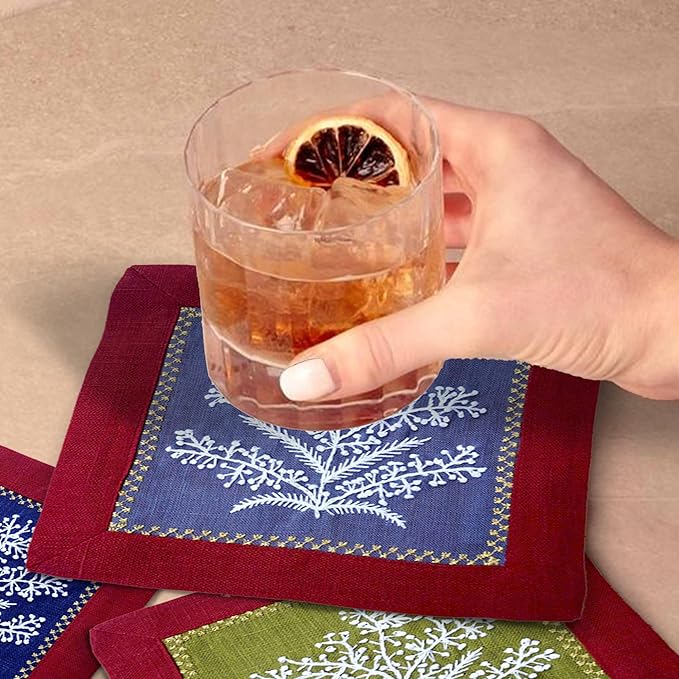 Cocktail Napkins Set of 6, 6x6 inch, 100% Linen, French Knot Hand Embroidered Floral Pattern, Reusable & Washable Napkin Coasters for Drinks, Parties, Weddings (Cinnabar Red)