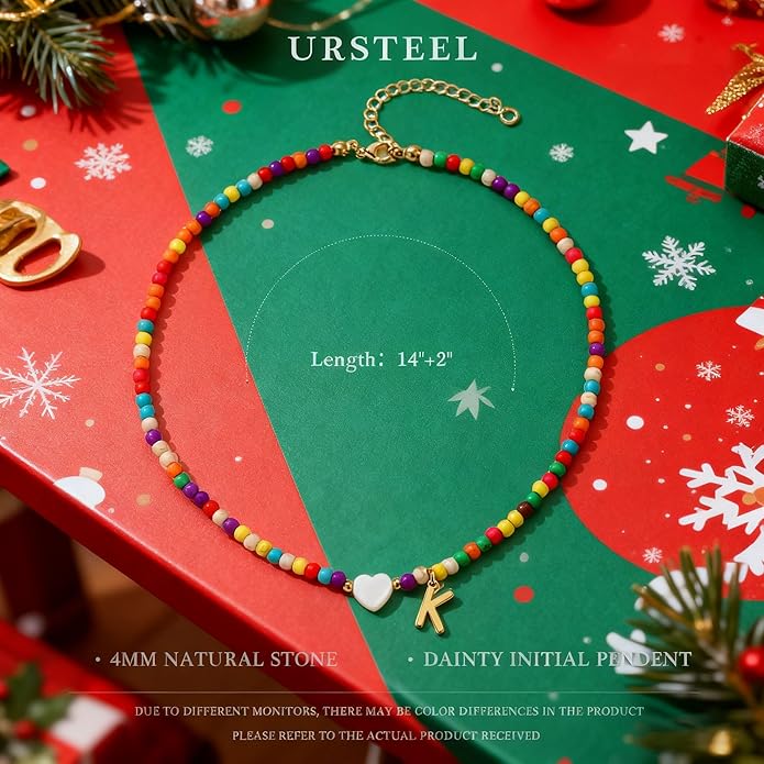 Ursteel Christmas Gifts for Teen Girls Women - Trendy Beaded Choker Necklace for Women Teenage Girls, Personalized Letter Initial Necklaces Christmas Gifts for Grandkids