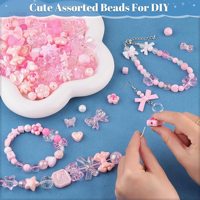 200-260PCS TINKRSTUFF Assorted Acrylic Beads Pink Cute Beads for Bracelet Making, Flower Bow Butterfly GummyBear Kawaii Charms, Aesthetic Bead for Necklace Keychain Jewelry Making DIY Phone Charm
