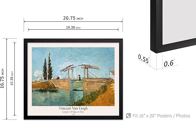 Monem Art Vintage Van Gogh Poster - Retro Langlois Bridge at Arles Print - Impressionism Art - Landscape Art - Fine Art - Classic Painting Art - Bedroom or Office Decor - 16x20 Black Framed