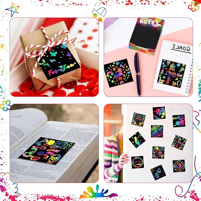 Lenwen 500 Pack Scratch Cards Rainbow Note Scratch Pads with 20 Bamboo Stylus for People Paper DIY Paper Craft Kits Birthday Party Favors Supplies(Rainbow Mix,500)