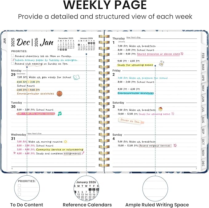 2026 Planner, Weekly and Monthly Calendar Planner for Women, Jan 2026 - Dec 2026, Hardcover Planning Agenda book with Tabs, Spiral Bound, Inner Pocket, Perfect for School Office Supplies, 6.3" x 8.5" - Blue Art