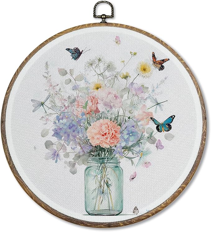 FUGWN Pink floral Round Wall Art Decor Framed, Pastel Floral Bouquet Canvas Artwork Prints, Country Botanical Wildflower Wall Hanging Decorations for Home Bedroom Living Room, 10x10 Inch