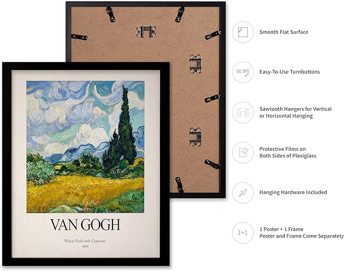 Monem Art Vintage Van Gogh Poster - Retro Impressionist Print - Wheat Field With Cypresses, Trees, Sky, Landscape - Gift for Artist, Friend - Wall Decor for Home, Office, 8x10 Black Framed