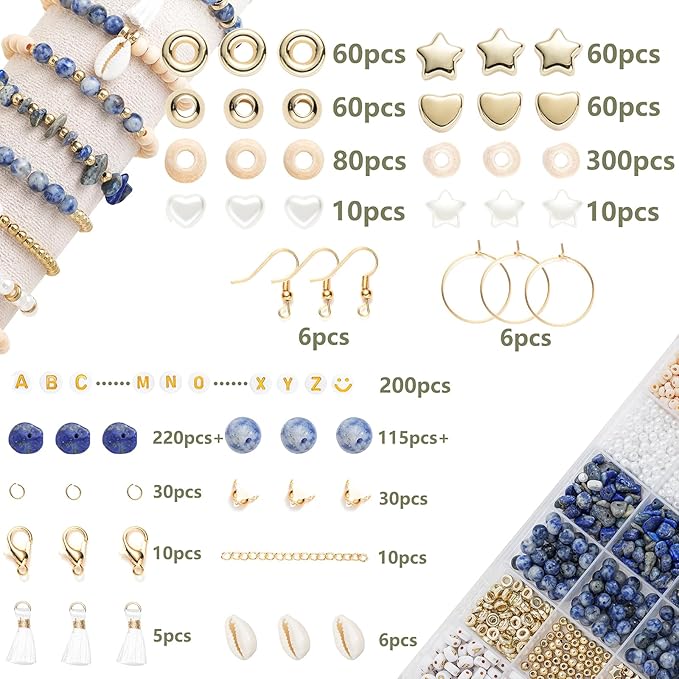 Xylise DIY Jewelry Making Kit, 1000+ Beads with Letters, Turquoise and Pearl Beads, Gold Charms, Bracelet Supplies (Blue dot Color)