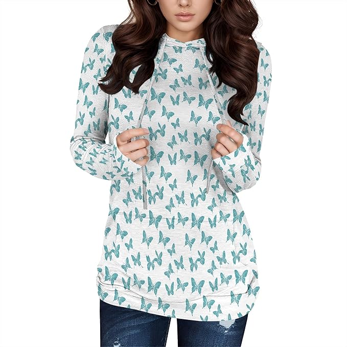 Hooded Sweatshirt Women Fall Butterfly Sweatshirts Lightweight Long Sleeve Pullover Tops Trendy Outfits Plus Size