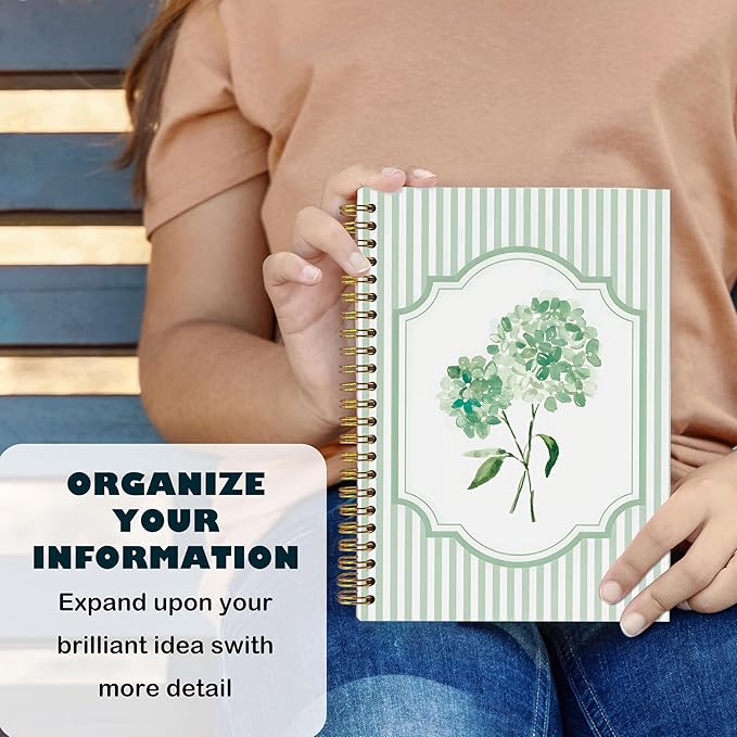 Coquette Preppy Hydrangea Notebooks, Green and White Stripes Girly Floral Journal, Aesthetic Hydrangea Flower Spiral Notebook Journal for Note Taking, Girly Office Supplies, 5.5x8.3 Inch