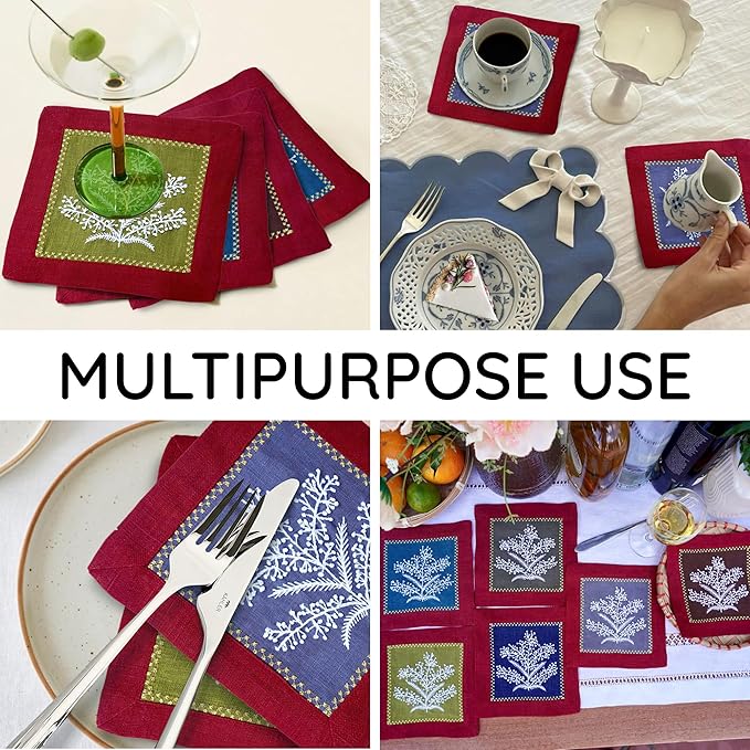 Cocktail Napkins Set of 6, 6x6 inch, 100% Linen, French Knot Hand Embroidered Floral Pattern, Reusable & Washable Napkin Coasters for Drinks, Parties, Weddings (Cinnabar Red)