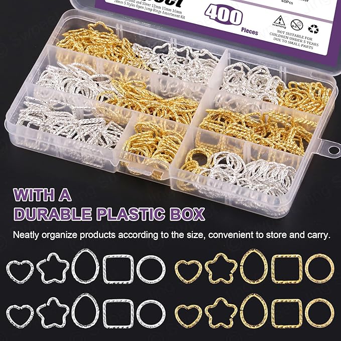 Swpeet 400Pcs Gold and Sliver 12mm 15mm 16mm 18mm 5 Styles Open Jump Rings Assortment Kit, Plum Bossom/Water Droplets/Heart/SquareIron O Rings Connectors Jewelry Findings