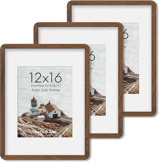 12x16 Picture Frame Set of 3, Solid Oak Wood Photo Frame with Mat for 8.5x11, Round Corner 12 x 16 Matted Picture Frames with Resistant Plexiglass for Wall Mounting or Tabletop, Walnut Color
