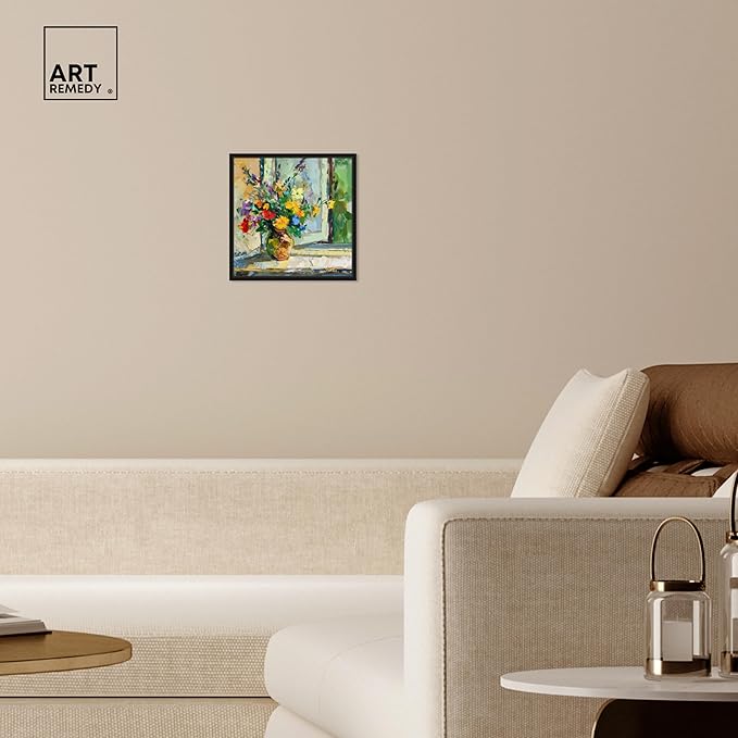 Art Remedy Vase By The Window Framed Impressionism 1 Piece Canvas Wall Art/Monet And Van Gogh Inspired Art, 13" x 13", Black Frame