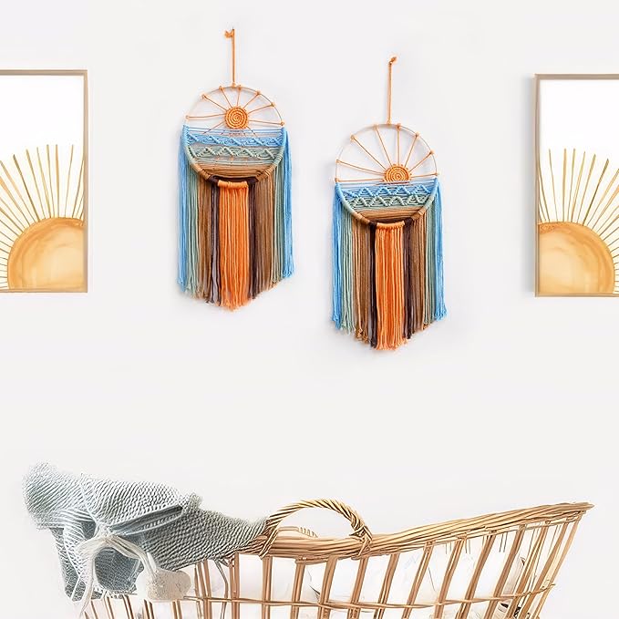 2 Pack Macrame Sun Wall Decor Hanging Tapestry Sunshine Sunset Wall Art Set, Rustic Woven Tapestries Boho Dream Catcher Colorful Decor for Bedroom Living Room Nursery (Orange 2pcs)