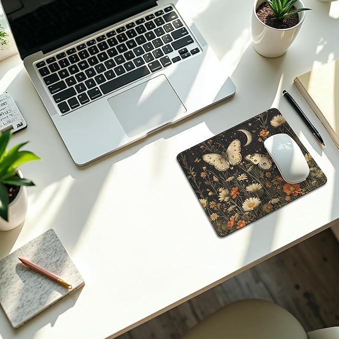Vintage Floral Butterfly Field Mouse Pad, Dark Contemporary Botanical Moth Mousepad for Desk Home Office Dorm Computers, Nature Aesthetic Office Supplies Desk Accessories, 9.5x7.9 Inch