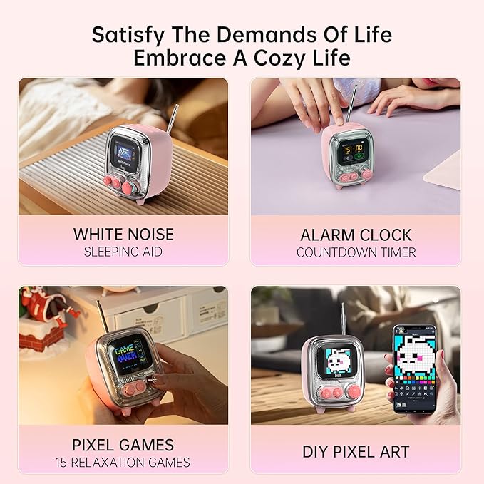 Divoom Tiivoo-2 Retro Bluetooth Speaker with FM Radio,Pixel Art Portable Mini Cute Wireless Small Speaker,Vintage Decor Suitable for Party Office Desk Home Bedroom Kitchen,Gifts for Women Men,Pink