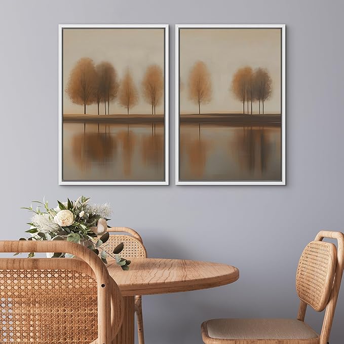 SIGNWIN Framed Canvas Print Wall Art Set Autumn Trees by The Lake Warm Brown Landscape Illustrations Modern Art Scenic Colorful for Living Room, Bedroom, Office - 24"x36"x2 White