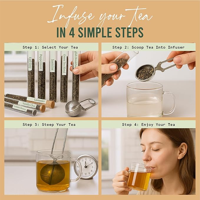 Loose Leaf Tea Sampler Gift Set Box – 8 Unique Flavors with Stainless Steel Infuser | Vanilla Chai, Jasmine, Lemon Honey & More | Tea Gift Set for Women and Men - Set of 9