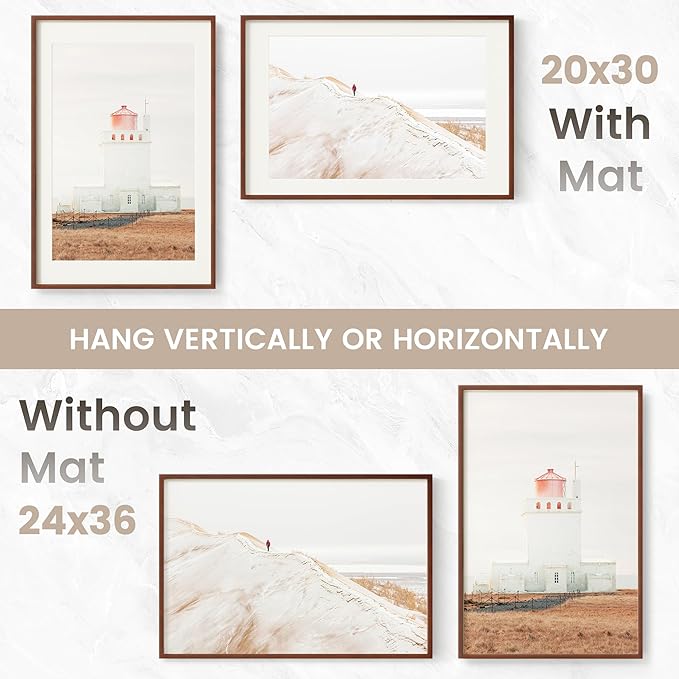 24x36 Poster Frame, USA-Sourced Natural Mahogany Wood Picture Collage Frame with HD Tempered Glass, Modern Simple 24 x 36 Wooden Photo Frame Matted to 20x30, Vertical & Horizontal Wall Hanging Display