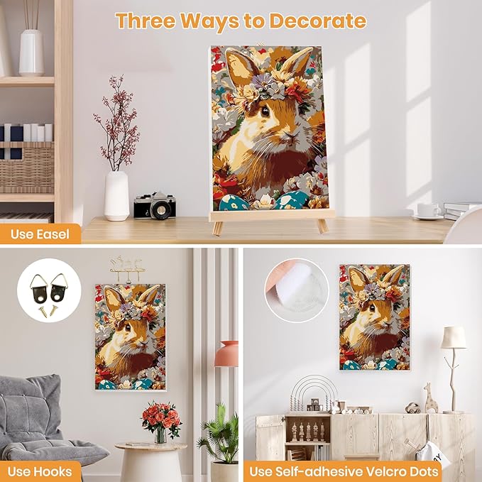 MXJSUA Easter Framed Paint by Numbers for Adults Beginners, Easy Adults' Paint-by-Number Kits on Canvas with Easel, Flowers Bunny Acrylic Number Painting Crafts Kits Gifts for Home Decor, 8x12inch
