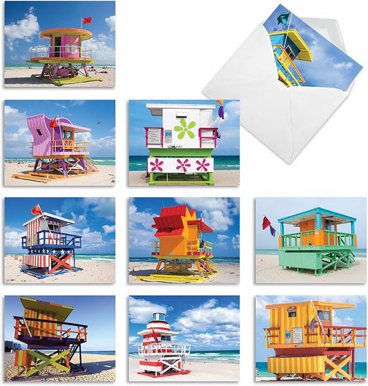The Best Card Company - 10 All Occasion Blank Cards (4 x 5.12 Inch) - Nautical, Ocean, Sea Life Assortment of Notecards - Life Savers M4946OCB-B1x10