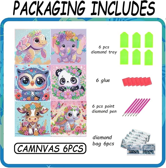 Acelii 6 Pack 5D Cartoon Diamond Painting Kits for Kids Beginners,Cute Animals DIY Diamond Art Kit for Kids,Full Round Drill Big Gem Art for Kid,Home Wall Decoration 6X6 inch