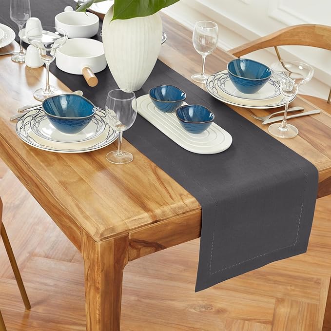 Solino Home Linen Table Runner 108 Inches Long - 100% Pure Linen Charcoal Table Runner 14 x 108 Inch for Winter - Medium Weight Hemstitch
