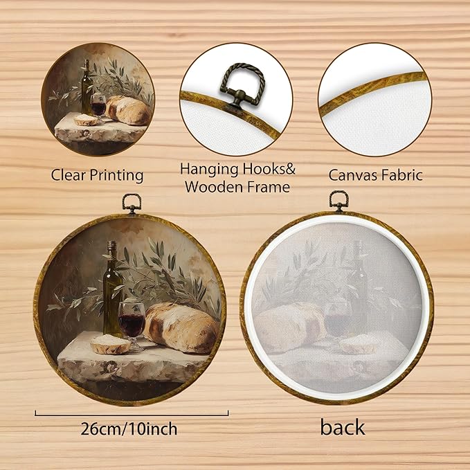 Hiuwevt Vintage Bread Kitchen Round Wall Art Decor, Farmhouse Moody Wine Framed Canvas Prints, Rustic Cottagecore Round Wall Hanging Decor for Bakery Kitchen Dining Room Decorations, 10x10 Inches