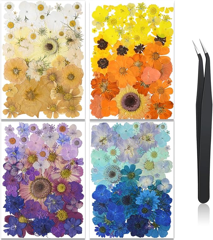 Nuanchu 200 Pcs Pressed Flowers Bulk Dried Flower for Craft Resin Mold Bookmark Scrapbooking Nail Cake White Orange Natural Pressed Dried Floral with Tweezer DIY Gift(Bright Color,Natural Style)