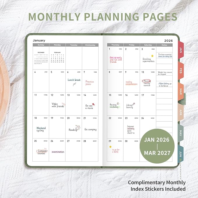 AHGXG Small Pocket Planner 2026-2027, Weekly and Monthly Calendar Planner, 15 Months, JAN 2026 - MAR 2027, Mini Size, Hardcover, Inside Pocket, For Women Men School Home Office Supplies, 3.9''X 6.7'' - Sage Green