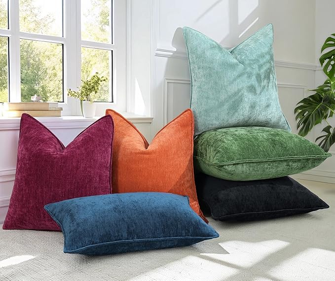 decorUhome Spring Couch Euro Sham Throw Pillow Covers 24x24 Set of 2, Decorative Soft Velvet Neutral Chenille Pillow Covers with Elegant Design for Sofa Bed Living Room Home Decor, Rust