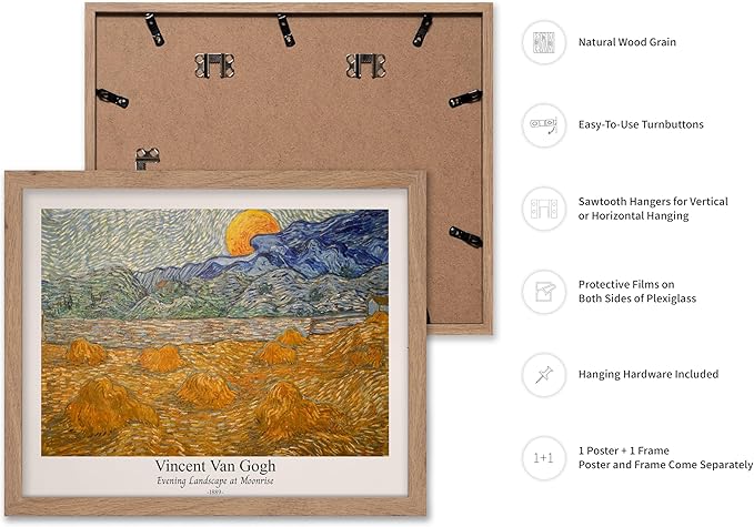 Monem Art Vintage Van Gogh Poster - Retro Evening Landscape at Moonrise Print - Impressionism Art - Fine Art - Classic Painting Art - Aesthetic Living Room Wall Decor - 8x10 Beige Framed