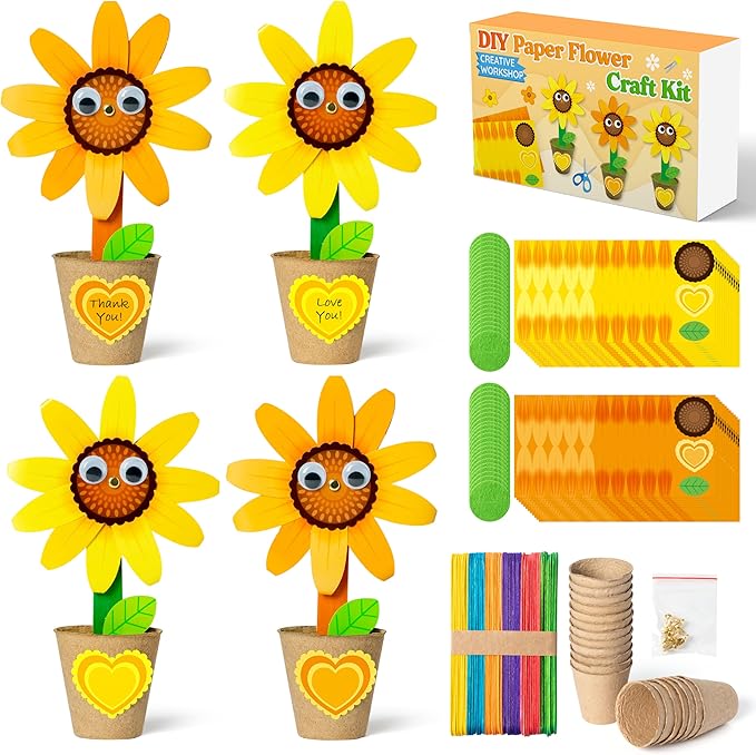 WATINC Mother’s Day Foldable Flower Paper Pot Craft Kits - 24 Packs Make Your Standing Flowers Gift Crafts Decorations, Fun DIY Decor Home School Classroom Art Activities for Mom (Flower)