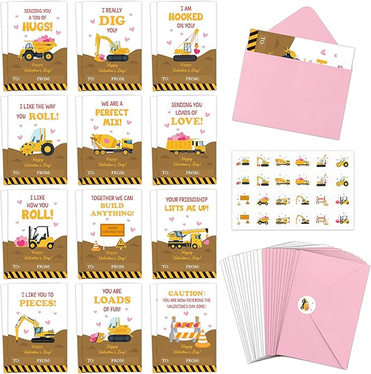 TICIAGA 72pcs Valentine’s Day Construction Truck Greeting Cards with Envelop and Sticker for Kid, 4 x 6 IN Excavator Notecard Exchange Gift for Boy Girl School Classroom Supply, Valentines Party Favor