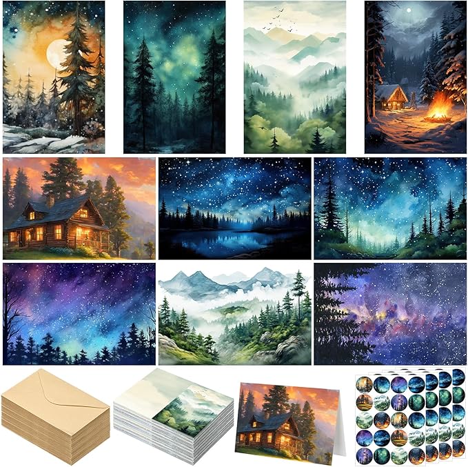 100 Pcs Whimsical Watercolor Illustration Starry Night Sky Blank Greeting Cards 4x6, Blank Cards, 10 Designs Stationary Set for All Occasions with Matching Rustic Envelopes and Stickers