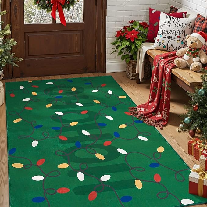 jinchan Jingle Lights Christmas Rug 4x6 for Living Room Bedroom Green Holiday Decorative Rug for Dining Room Foyer Colored String Lights Printed Xmas Decor Washable Non Slip Floor Carpet