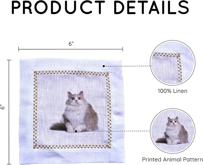 Cocktail Napkins Set of 6, 6x6 inch, 100% Linen, Printed Animal Pattern, Reusable & Washable Cloth Coasters for Beverages, Hosting, Gifting & Everyday Use (Cat Meme)