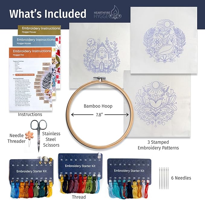 Hearthfire Hygge Embroidery Kit for Beginners | Scandinavian Folk Art Beginner Embroidery Kit for Adults | Fox, House, Flower Cross Stitch Kits for Beginners | Needlepoint Kits for Adults