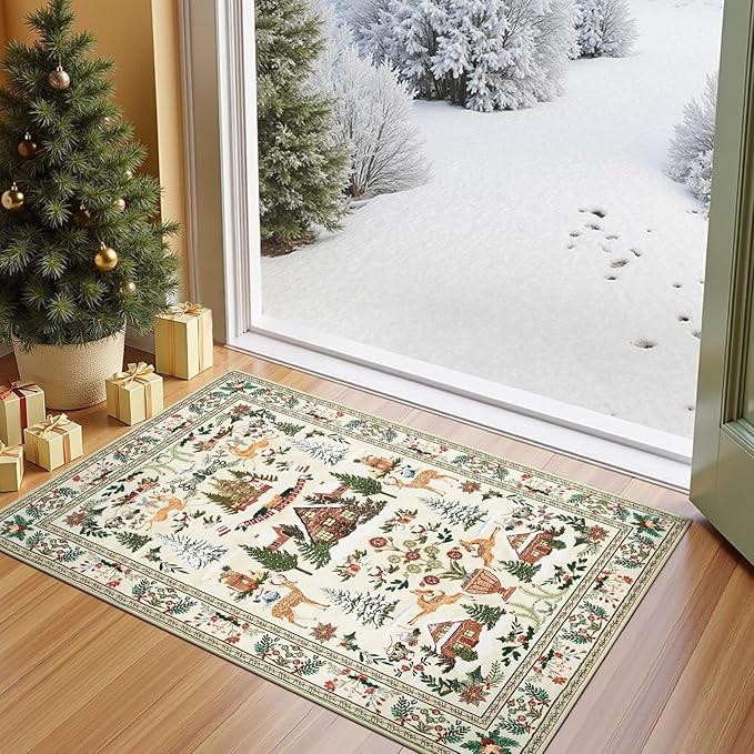 jinchan Christmas Rug 2x3 for Entryway Kitchen Small Holiday Rug for Porch Bathroom Christmas Tree and Cabin Printed Winter Xmas Decor Washable Doormat for Bedroom Non Slip Green on Beige