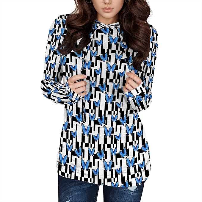 Hooded Sweatshirt Women Fall Butterfly Sweatshirts Lightweight Long Sleeve Pullover Tops Trendy Outfits Plus Size