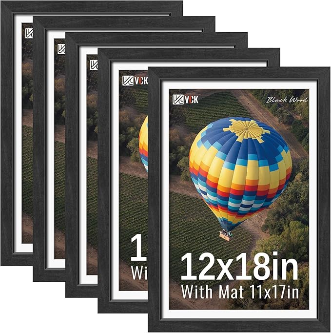 VCK 12x18 Picture Frames Black Set of 5, Wide Border Wood, Tempered Glass, Display 11x17 Photo with Mat or 12 x 18 without, for Home, Office, Gallery, Woodgrain Series, Wall Hanging