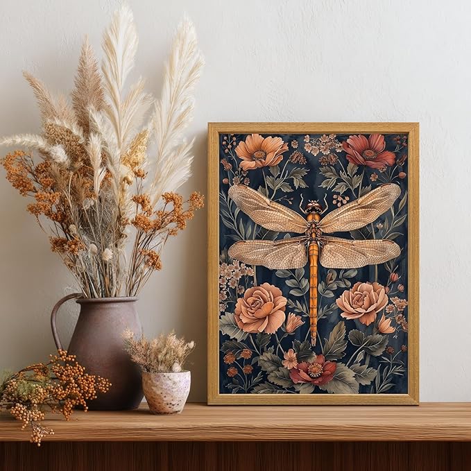 LLEEMPI William Morris Wall Art, Vintage Dragonfly Floral Wall Decor, Abstract Insect Flower Canvas Painting, Nature Botanical Poster Print for Living Room Bedroom Bathroom Office Wood Framed 12x16 inch