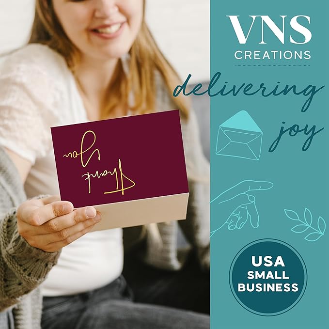 VNS Creations Gold Foil Thank You Cards With Envelopes Bulk Set & Stickers - 100 Pack 4x6 Blank Thank You Notes Box Set - Large Note Card Small Business, Wedding, Baby Shower & Bridal Shower - Wine