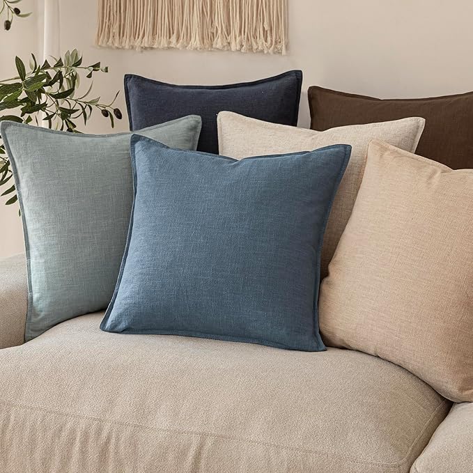 Foindtower Set of 2, Decorative Linen Soild Throw Pillow Covers Soft Accent Euro Cushion Case Boho Farmhouse Neutral Pillowcase for Couch Sofa Bedroom Living Room Home Decor 26 x 26 Inch Misty Blue