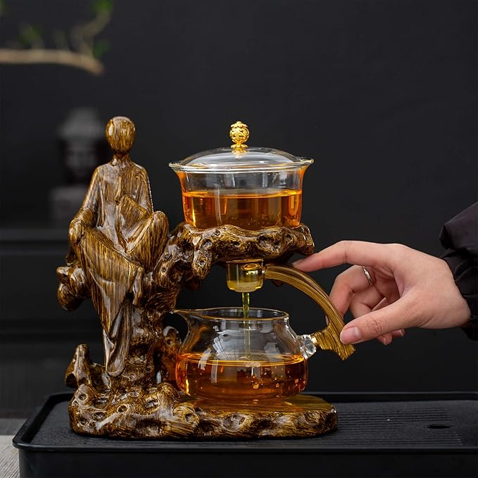 Semi Automatic Teapot Set, Glass Teapot Set with Strainer Kungfu Tea Sets (Meditation-brown)